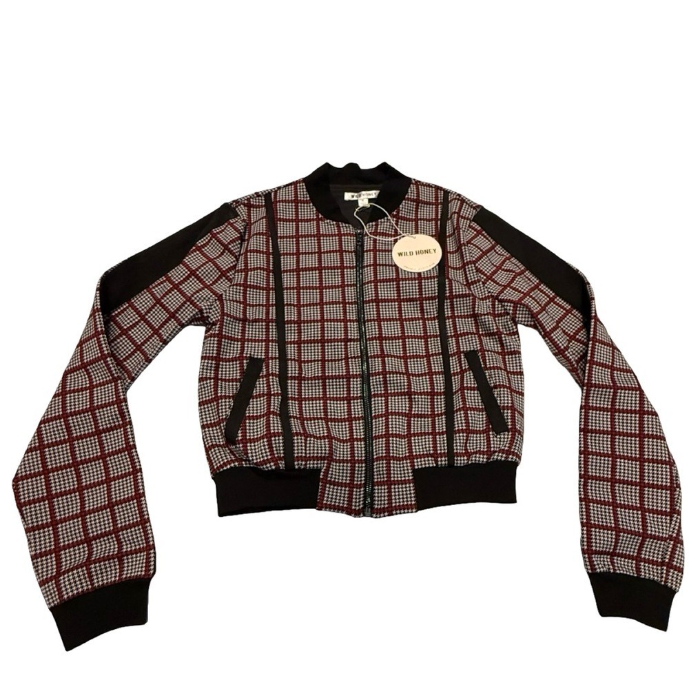 Wild Honey Plaid Bomber Jacket‎ Zip Front Black Trim Red Houndstooth Women S